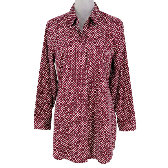 Chicos Top 1 Womens Medium 8 Burgundy White Wrinkle Resistant Blouse Career - Picture 1 of 15